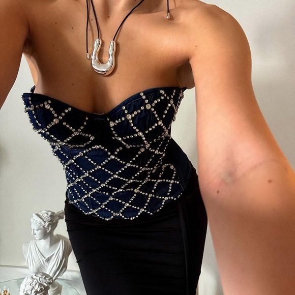 Rhinestone Strapless Overbust Denim corset top. Size S-M. - Picture 9 of 9
